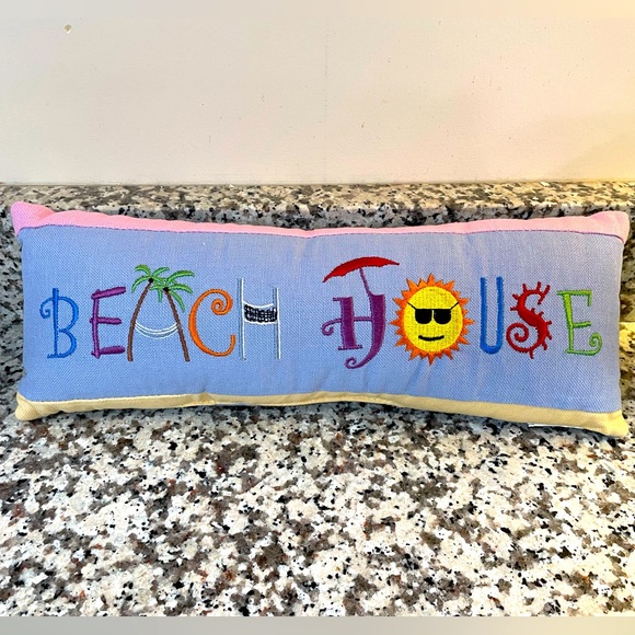 Embroidered Beach House rectangle small pillow NEW Blue Colorful font Coastal D - Picture 1 of 2